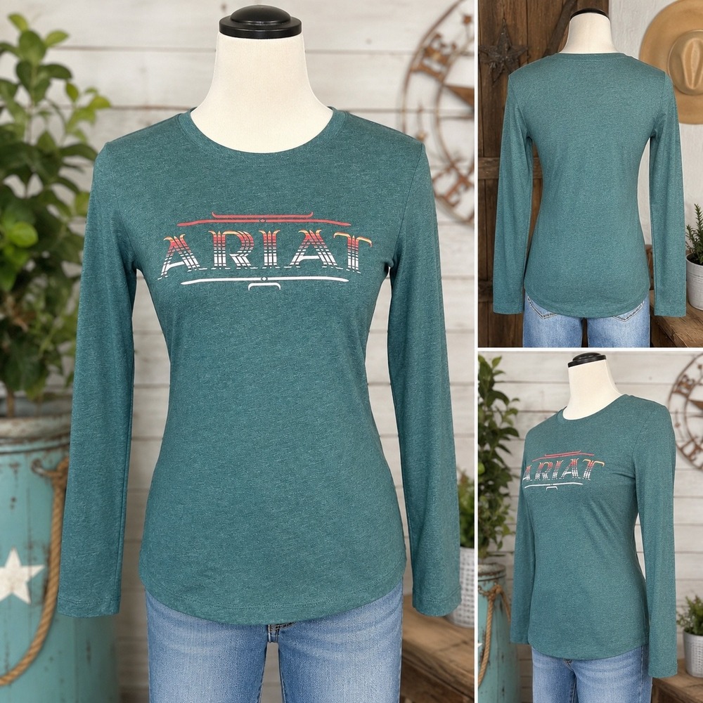 Ariat Womens Long Sleeve Graphic Tee Serape Logo Teal Green Size S Heathered
